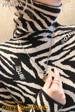 Pullover 2023 Spring Autumn Women Knitted Turtleneck Sweater Casual Jumper Zebra Pattern Letter Print Slim Sweaters-Outfit