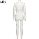 Kliou See Through Hollow Out Sexy Zipper Jumpsuit Women Turtleneck Net Plaid Hole Skinny Elastic Club Streetwear