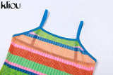 Kliou Mesh Striped Panelled Mini Dress Women Fashion Spaghetti Strap Multi-Color Body-Shaping Skirt Streetwear Female