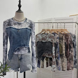 Solid Shooting Tie-Dye Print Spliced Denim T-Shirt Girl Autumn Design Sense Irregular Hair Side Short-Sleeved Top