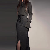 Woherb 2023 New Fashion Temperament Elegant Heavy Industry Diamond Split Hip Skirt Set-Outfit