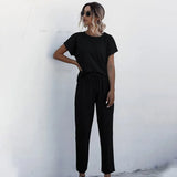 Hotsale 2pcs Women Summer Tracksuits Set Lounge Wear Short Sleeve Tops Long Pants Sweat Suits Elastic Waist Casual