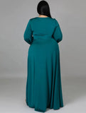 Romantic V-neck Full Sleeves Solid Slit Maxi Plus Size Long