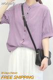 2023 Summer Cotton Shirt Women's Lantern Sleeve Retro White Shirt for Women Short Sleeve Fashion Women Blouses Casual Youth-Outfit
