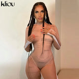 Kliou Sexy Mesh Jumpsuit Women Geometric Letter Print See Through Sheath Slim Overall Long Sleeve Turtleneck Party