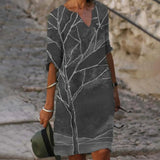Women Dress Summer Vintage Print V-Neck Half Sleeve A-Line Dress Sundress 2021 Fashion Female Loose Dresses