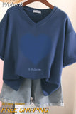 100% Cotton L-6XL T Shirt Plus Size Tshirt Short Sleeve Women Top Summer Heart Print Couple V Neck Oversized T Shirts-Outfit