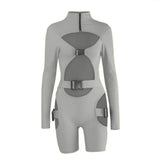 hirigin Women Bodycon Buckle Cut Out Biker Rompers Sexy Long Sleeves Hollow Out Clubwear Bodysuit One Piece Short Jumpsuit
