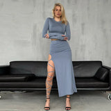 Sexy Two Piece Set Long Sleeve Crop Top High Split Bandage Long Skirt Set Club Outfits Summer and autumn XY23461G1-Outfit