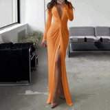 Woherb New Solid Color Dress Summer Fashion Sexy Slit V Neck Long Sleeve Solid Slim Pleated Skirt Dress-Outfit