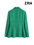 Women Fashion Double Breasted Tweed Green Blazer Coat Vintage Long Sleeve Flap Pockets Female Outerwear Chic Veste-Outfit