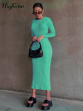 2021 Women Fall Winter Fashion Bodycon Stripe O Neck Pure Color Long Sleeves Maxi Dress Female Sexy Outfits