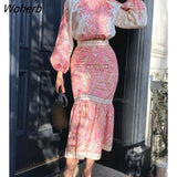 Women 2 Pieces Vintage Print Blouse & Skinny Midi Skirt Set 2022 Femme Puff Sleeve Top & Long Dress traf Office Lady Clothing-Outfit