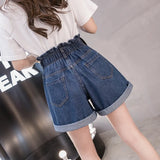 Plus Size Women Denim Shorts Elastic High Waist Loose Korean Short Jeans Fashion Casual Button Blue Wide Leg Shorts