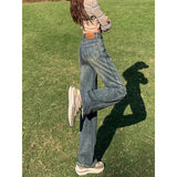 Woherb Tall Waist Straight Leg Jeans Female Spring Autumn New Pear-Shaped Figure Retro Show Thin Feeling Wide Leg Pants-Outfit