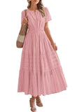 Spring And Summer Women's New Fashion V-Neck Folding Bubble Sleeve Layer - Big Swing Dress