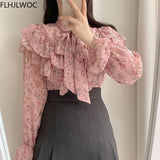 Vintage Solid Shirts Long Sleeve Single Breasted Button Cute Sweet Bow Tie Women Korea Japan Style Ruffled Chic Pink Tops
