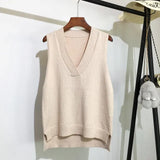 V-Neck Knitted Vest Autumn Casual Sleeveless Solid Sweater Vest Korean Preppy Winter Loose Split Lady Jumper Tops