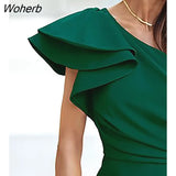 Women Plain One Shoulder Ruffles Slit Ruched Dress 2022 Femme Elegant Asymmetric Midi Robe Lady Prom Clothing traf Vestidos-Outfit