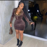 Furry Colllar Velvet 2 Piece Set Women V Neck Plush Sleeve Button Crop Top Mini Skirts Skinny Club Party Rave Outfits Suits-Outfit