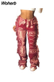 Tassels Patchwork Striped Print Jogger Pant Women Rave Festival Clothing 2023 Fashion Casual High Waist Bodycon Sweat Pants 729-0-Outfit