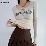 Vintage Letter Print Crop Tops Grunge Ribbed T-shirts Sexy Slim Long Sleeve Tee Shirt Women Korean Fashion