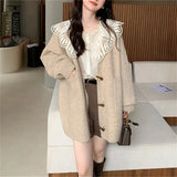 Woherb Autumn And Winter New Korean Version Fashion Lazy Wind Loose Casual Sweater Jacket Ox Horn Buckle Knit Cardigan Female-Outfit