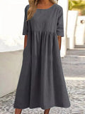 Cotton-Sleeved Short-Sleeved Pocket Folded Loose Round-Neck Dress In Summer