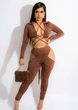 Sexy Bandage Hollow Out Long Sleeve Crop Top And Cut Out Pant Two Piece