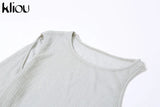 Kliou Knitted Dress Women Sexy See Through X-Long Hoody Tops+One Shoulder Drawstring Ruched Robe Skirt Hipster Future