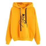 Hoodies Casual Kpop Finger Heart Love Pattern Hooded Sweatshirts Fashion Drawstring Long Sleeve Female Pullovers Plus