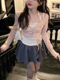 2 Piece Set Woman Pink Long Sleeve Fashion Tops Basic Casual Korean Style Blouse Design Kawaii Clothing 2023 Summer Chic-Outfit