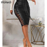 Women's Plain PU Leather Lace Zipper Deco Tied Detail Skirt 2022 Femme Sexy Skinny Midi Dress Office Lady Pencil Short Bottoms-Outfit
