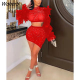 skirt sets for women mesh see though crystal fur long sleeve t-shirt ruched asymmetrical skirts two 2 piece set outfits-Outfit
