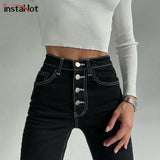 Casual Women Jeans Pencil Pant Streetwear Slim High Waist Button Elegant Office Lady Skinny Denim Trousers 2020