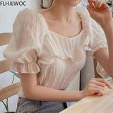 2021 Spring Korea Chic Tops Blusas Flare Sleeve Very Fairy Cute Sweet Girls Lady Shirts Flhjlwoc Pink Ruffled Women