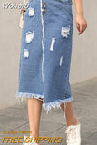 Women Summer Autumn Oversize Mid-length Denim A-line Skirt Casual Vintage Hole Tassel Long Skirt QT1844-Outfit