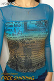 Graphic Print Green Mesh Sheer T-shirt Long Flare Sleeve Slim Crop Tops Sexy See Trough Women Tops Y2K Vintage Grunge-Outfit