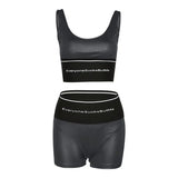 Kliou Biker Shorts Two Piece Set Women Hipster Patchwork Letter Print Sleeveless Sheath Top+Minimalist All-Match Slim