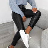 Elegant High Waist Faux Leather Pants Women Pencil Skinny Pants Office Ladies Trousers Casual Slim Black Ladies