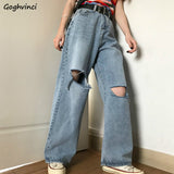 Women Holes Casual Ripped Vintage Hip-hop All-match Chic Teens Harajuku Summer Wide Leg Trousers Ulzzang Mopping Popular-Outfit