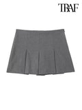 Women Fashion With Pleated Shorts Skirts Vintage High Waist Side Zipper Female Skort Mujer-Outfit