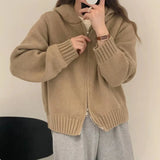 Woherb Style Multi-Color Hooded Double Zipper Knit Cardigan Women's New Short Hair Sweater Hoodie Autumn And Winter Small Coat-Outfit
