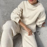 Knitted Sweat Suits Women Matching Sets Long Sleeve Hoodie+wide-legged Pants Loungewear Sweater Set Two Piece