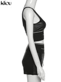 Kliou Biker Shorts Two Piece Set Women Hipster Patchwork Letter Print Sleeveless Sheath Top+Minimalist All-Match Slim