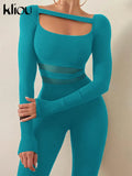 Kliou Sheath Concise Jumpsuit Women Herfst Unique Truncated Mesh See Through One Pieces Slim Simple Casual Female