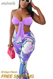 Two Piece Set Women Outfits Sexy Lace Up Tube Crop Top + Prints Flare Pants Skinny Club Sets Summer Casual Tracksuit y2k-Outfit