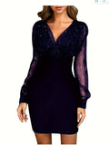 Woherb Women's New Mesh Patchwork Sexy Vintage Elegant V-Neck Party Club Dress-Outfit