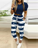 Women Fashion Casual Two-Piece Set Suits Set Female Spring Summer Clothes Short Sleeve Top &Striped Star Drawstring Pants