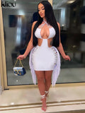 Kliou Tassel Hollow Out Mini Dress Women Sexy Halter Sleeveless Cleavage Backless Lace Up Sheath Skirt Party Clubwear Lady